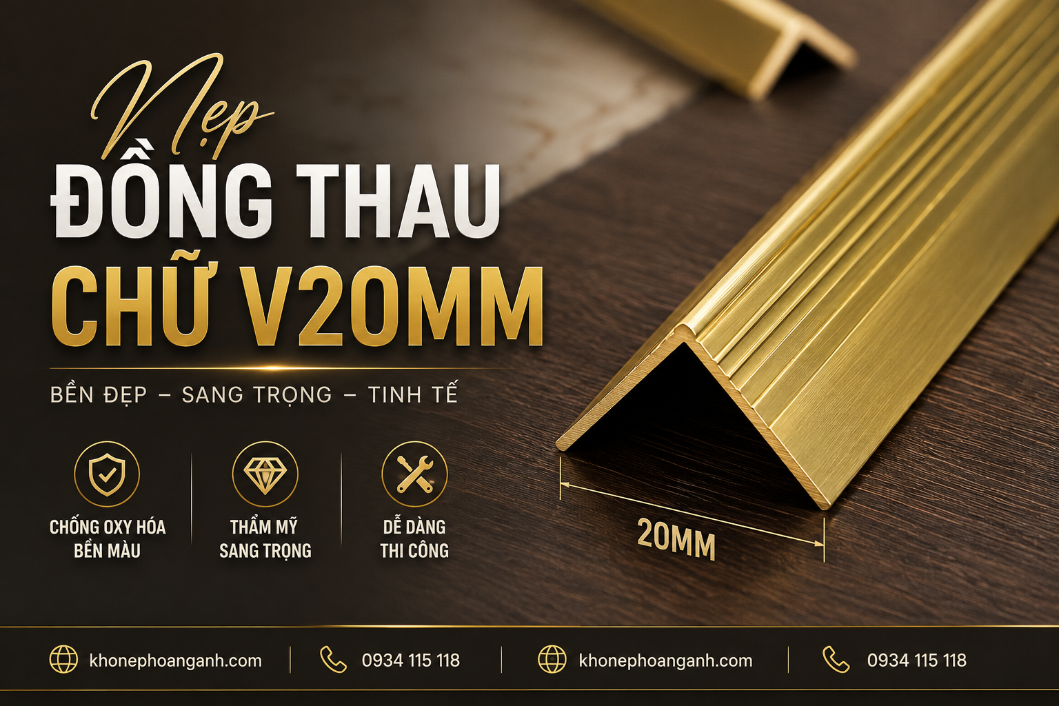 Cấu tạo và mặt cắt chi tiết của Nẹp Đồng Thau Chữ V20MM cao cấp tại Kho Nẹp Hoàng Anh